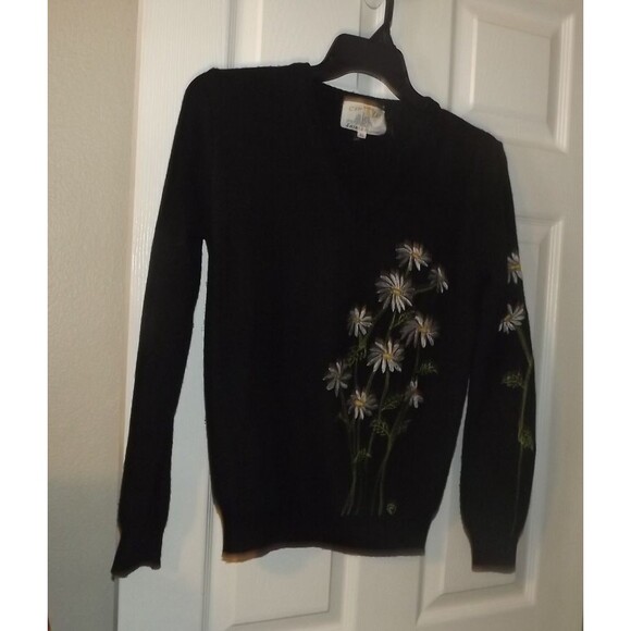 Vintage Cyn Les 1970's Daisy Sweater Shirlee Designs Women’s Sz XL Black - Picture 1 of 5